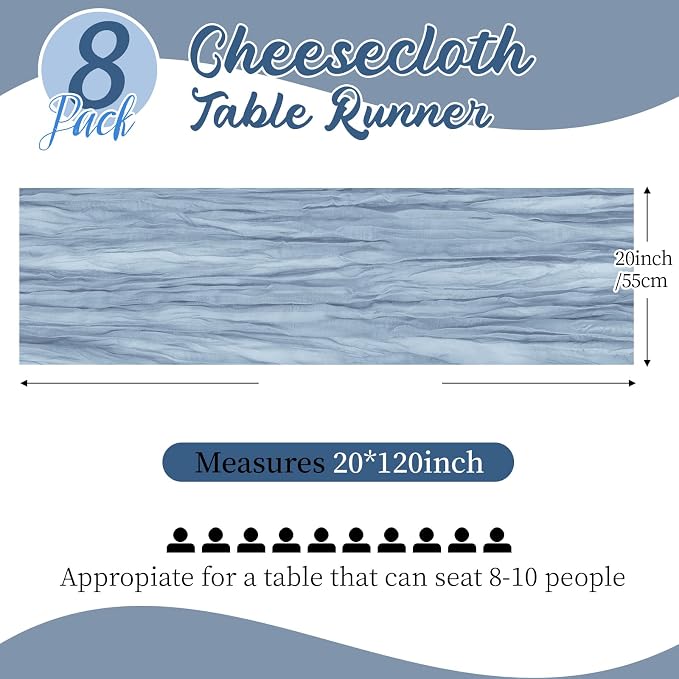 8 Pack Dusty Blue Cheesecloth Table Runners 20x120 Inch Gauze Table Runner - Image 2