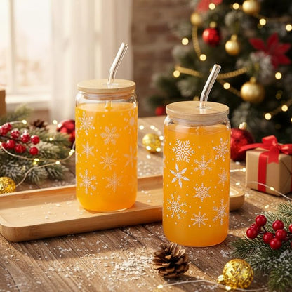 Sliner 2 Pcs Snowflake Glass Cups Christmas Winter Tumbler - Image 2
