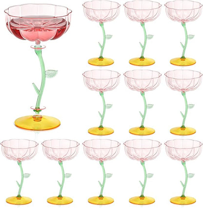 12 Pcs Pink Plastic Ribbed Coupe Glasses Detachable 7oz Flower Cocktail Glasses by Unknown