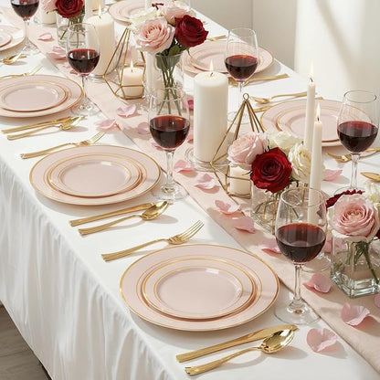 NOCCUR 200PCS Pink Plastic Plates for 100 Guests - Include 100PCS 10" Dinner/ 100PCS 7" Dessert Plastic Plates Heavy Duty - Ideal for Wedding/Party/Valentines & Galentines Day