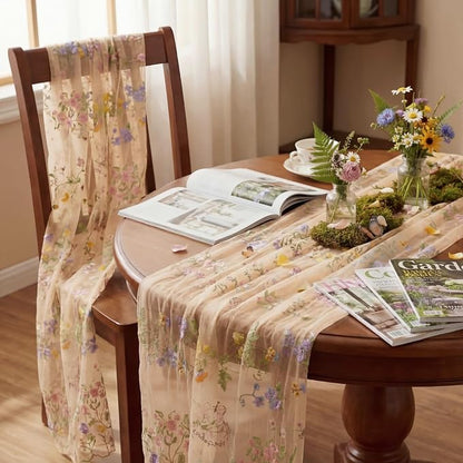 Champagne Floral Table Runner 10ft Embroidery Tulle Spring Wildflower Table - Image 5