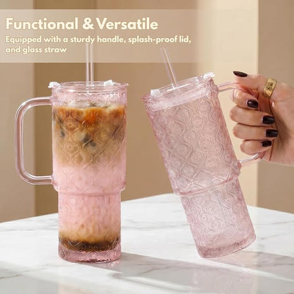 20 oz Pink Glass Tumbler with Lid and Straw, Glass Iced Coffee Cups, - Image 2