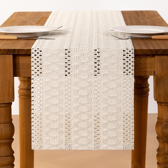 Ivory Boho Table Runner Farmhouse Macrame Woven Table Runner 12x60 Inch | Small - Image 3