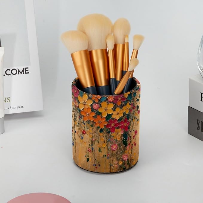 Leather Pen Holder for Desk, Hanging Floral Pencil Cup Pen Organizer Makeup - Image 6