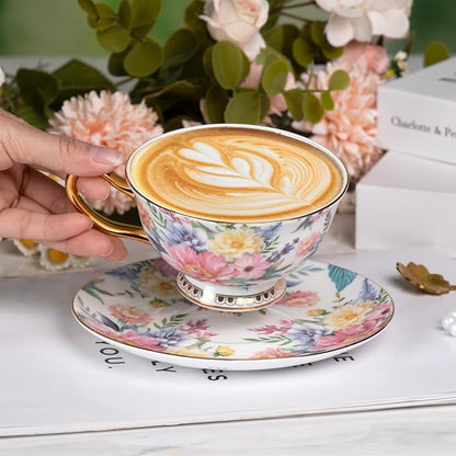 KAMMAK Tea Cups and Saucers Set of 2, Porcelain Coffee Cups, JBE018 | Stackable - Image 4