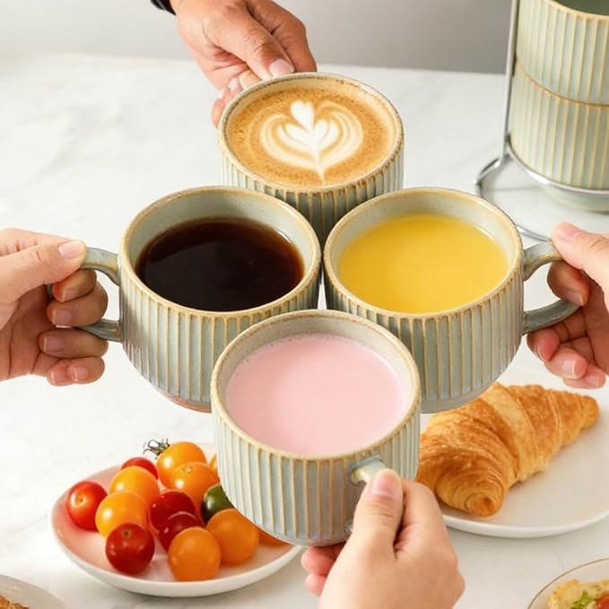 HASENSE Coffee Mugs with Metal Stand, Ceramic 15 Oz Stackable Coffee Cups Set - Image 6