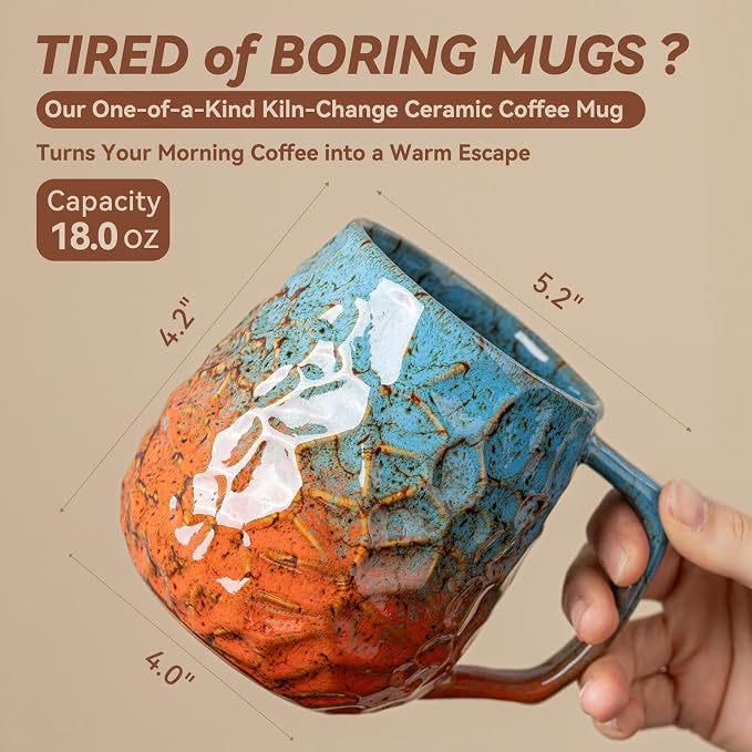 18oz Unique Blue & Orange Kiln-Change Ceramic Coffee Mug, Handcrafted Hammered - Image 4