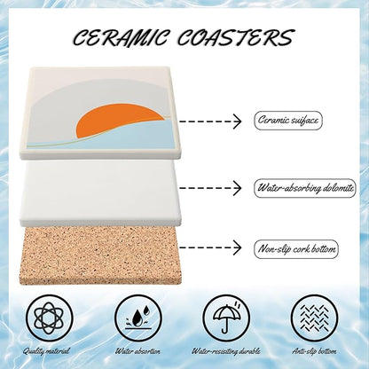 MAYCARI Abstract Sun Coasters Set of 6 Cork Backed Artistic Coasters with Metal Holder Minimalist Aesthetic Ceramic Surface Drink Cup Mats for Tabletop Protection Modern Desk Decoration Birthday Gifts