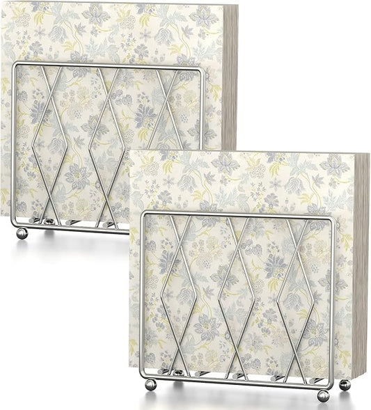 Napkin Holder for Table, 2 Pack Modern Metal Napkin Holders for Paper Napkins & Kitchen Dining & Countertops, Cocktail Upright Napkin Holder Dispenser Suitable for All Room Decors (Silver)