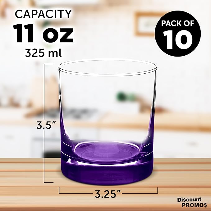 Whiskey Glasses by Libbey 10 oz. Set of 10, Bulk Pack - Heavy Base Old Fashioned Glass, Perfect for Scotch, Bourbon, Whiskey, Cocktail - Purple