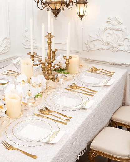 YOUBET 175PCS Gold Scalloped Plastic Plates - Clear and Gold Disposable Dinnerware Set Include 50 Plates, 75 Gold Silverware, 25 Cups, 25 Napkins for Party & Wedding