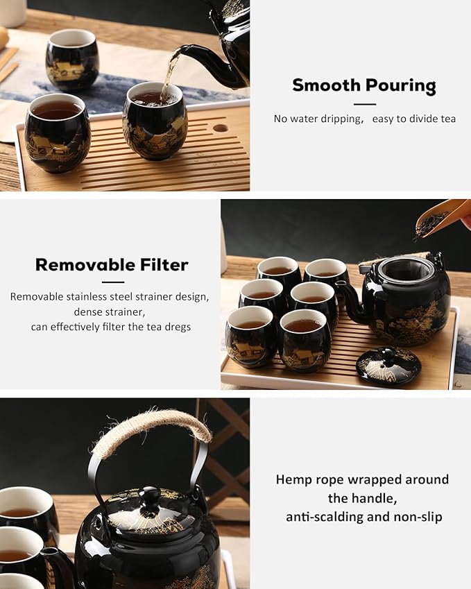 Dujust Japanese Tea Set, 6 Tea Cups, 1 Tea Tray, 1 Stainless Infuser, Beautiful - Image 3
