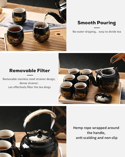 Dujust Japanese Tea Set, 6 Tea Cups, 1 Tea Tray, 1 Stainless Infuser, Beautiful - Image 3