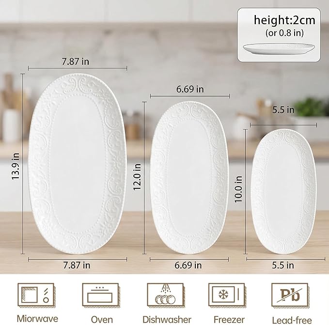 Oval Serving Platter, Embossed White Serving Plates, Stackable Porcelain Tray - Image 4