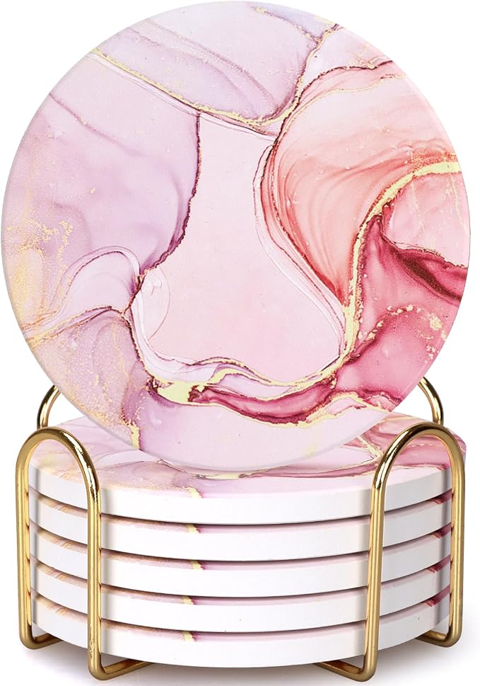 6 Pcs Pink Marble Abstract Ceramic Coasters by Dksyee
