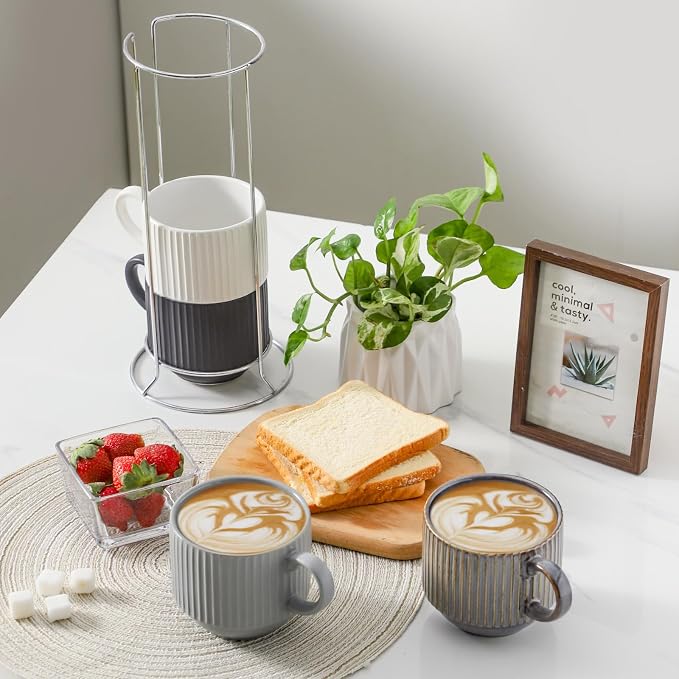 HASENSE Large Coffee Mug Set of 4 - 15 oz Stacking Ceramic Ribbed Latte Cups Set - Image 2