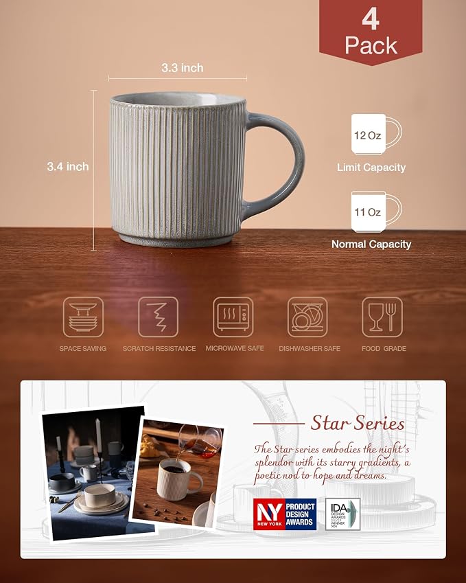 famiware Coffee Mug Set for 4, Star 12 oz Catering Mugs Cup Set - Image 4