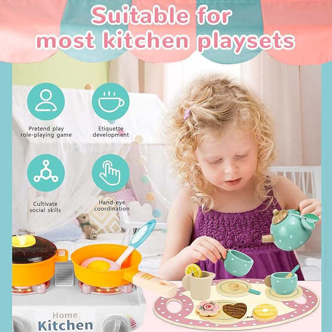 Wooden Tea Set for Little Girls Play Food Pretend Play for 3 4 5 Years Old | - Image 4