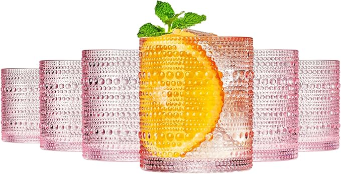 Khen Hobnail Beaded Highball Drinking Tumbler Glasses | Set of 6 | Pastel Pink by Khen