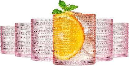 Khen Hobnail Beaded Highball Drinking Tumbler Glasses | Set of 6 | Pastel Pink by Khen