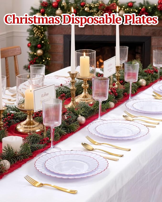 YOUBET 60PCS Red Scalloped Plastic Plates - Image 3