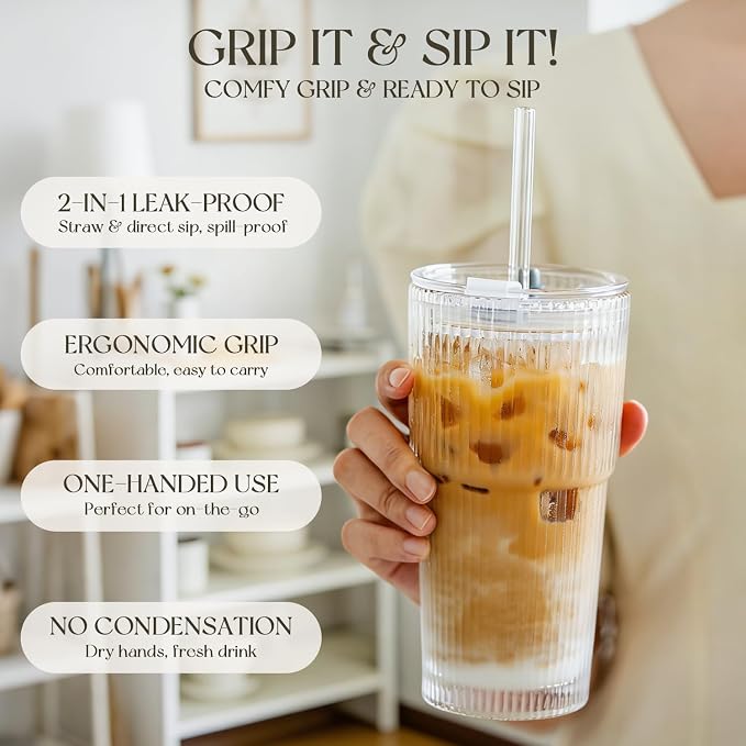 KEMORELA 20oz Ribbed Glass Tumblers - Image 6