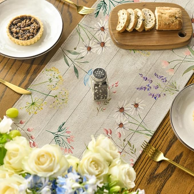 Artoid Mode Wood Flowers Floral Spring Table Runner, Seasonal Summer Kitchen - Image 4