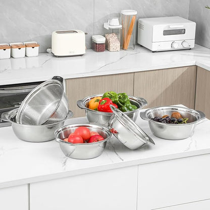 304 Stainless Steel Microporous Colander with Handle, Rice Washers Microporous Strainer Set For washing vegetables, fruits and rice, and draining cooked pasta(5QT with handle-Gold)