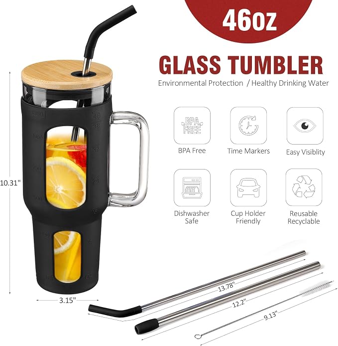 WINSA Glass Tumbler with Lid and Straw, 46 oz, Large Water Bottle with Silicone - Image 4