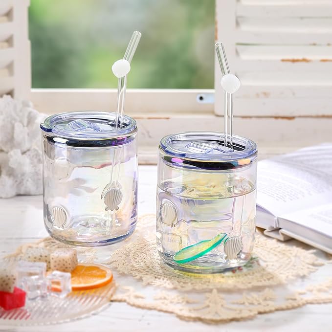 Icon Juice Glasses, 14oz Stemless Wine Drinking Juice Glass Cup for Valentine Party Supplies Gift(2 Pcs,Shell White)