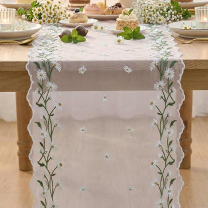 Artoid Mode Daisy Floral Light Pink Shaped Gauze Embroidery Table Runner 120 - Image 2