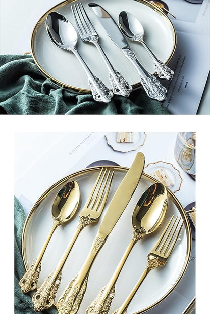 Silverware Set for 12 Premium 18/10 Stainless Steel Flatware Set Palace Style 60 Piece Cutlery Tableware Utensils Embossed Decorative Handle Knives Forks and Spoons for Home Christmas Wedding