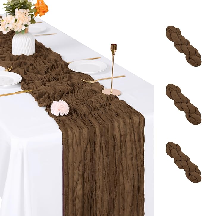 3 Pack Brown Cheesecloth Table Runner, 17 x 108 inch, Semi Sheer Boho Cheese by ACSUIT