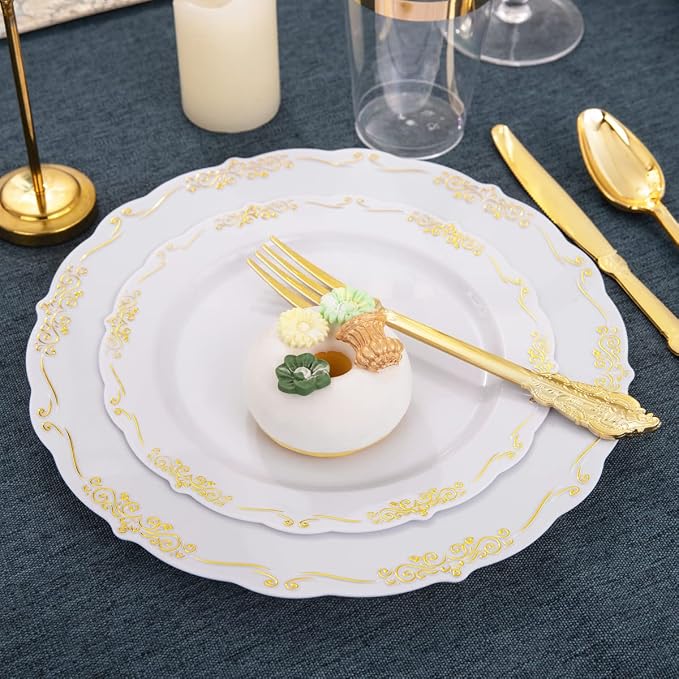 LIYH 350 Pcs Gold Plastic Dinnerware Set, 10 oz Cups - Image 8