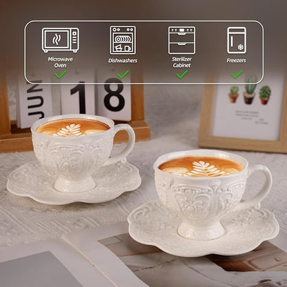 KAMMAK Tea Cups and Saucers Set of 2, 7.8 oz Porcelain Coffee Cups, 565N | - Image 3