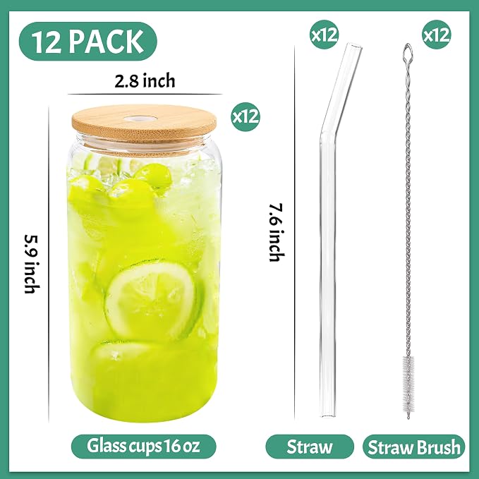 Joyclub 12Pcs Glass Cups with Bamboo Lids and Straws Bulk 16 oz Can Shaped | - Image 3
