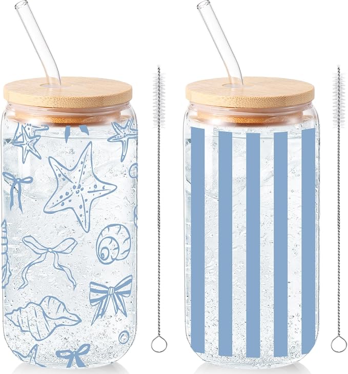 Sliner 2 Pcs Coastal Glass Cups Beach Ocean Tumblers by Sliner