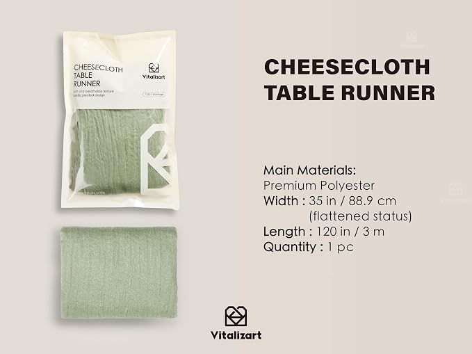 Vitalizart Cheesecloth Table Runner Sage Green 10ft Gauze Boho Rustic | 120 - Image 2
