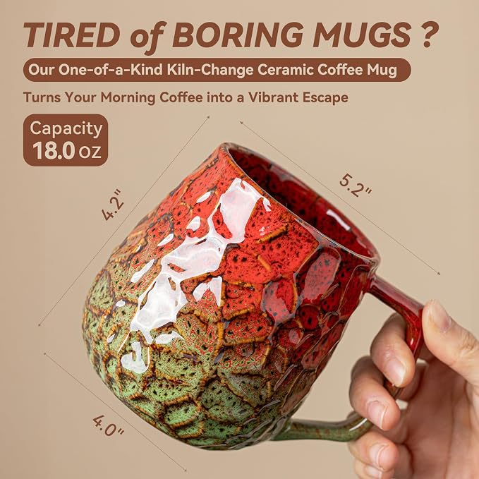 18oz Unique Red & Green Kiln-Change Ceramic Coffee Mug, Handcrafted Hammered - Image 3