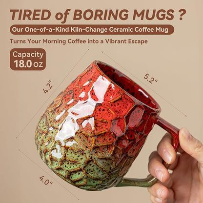 18oz Unique Red & Green Kiln-Change Ceramic Coffee Mug, Handcrafted Hammered - Image 3