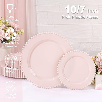 U-QE 60PCS Pink Plastic Plates - Heavy Duty Beaded Pink Valentines Plates for Valentine's Day, Party, Wedding - Serving 30 Guests Include 30PCS 10inch Dinner Plate & 30PCS 7inch Dessert Plate