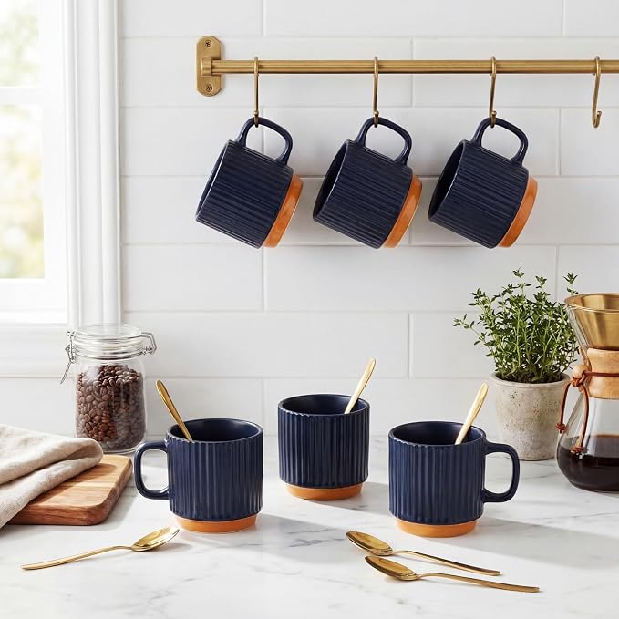 6 Set Ceramic Coffee Mugs with Gold Spoons, 8.8 oz Textured Ribbed Coffee Cups - Image 4