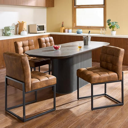 Coffee Faux Leather Dining Chairs Set of 2, Mid-Century Modern Dining Room Chairs with Armless, Checkered Kitchen Chair with Metal Legs