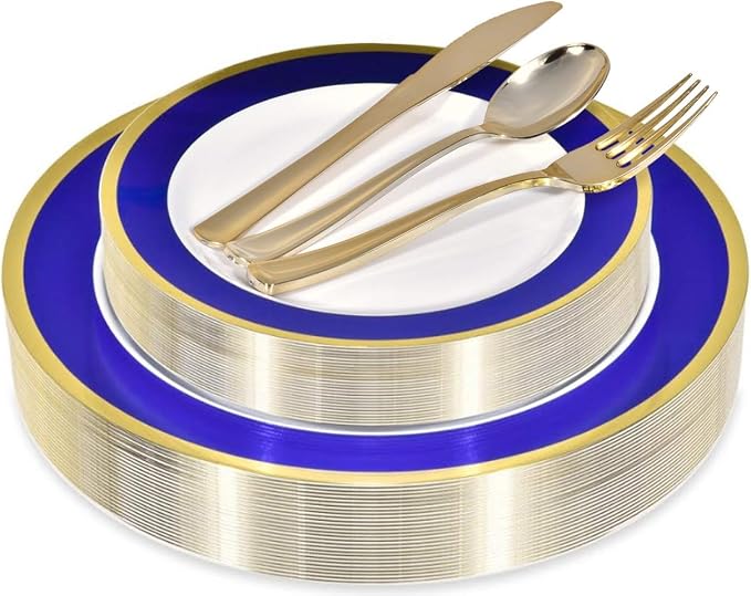 125-Piece White, and Gold Fancy Plastic Plates Disposable by StockYourHome