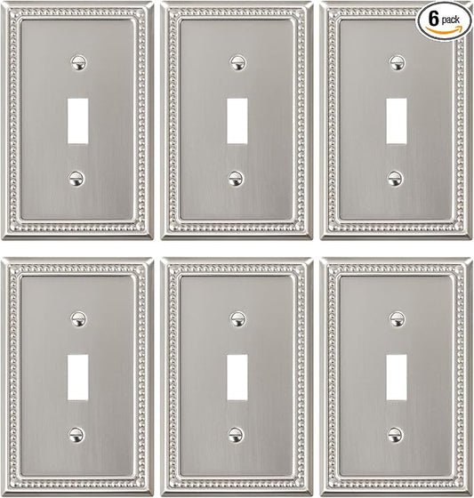 6-Pack Single Toggle Light Switch Cover Plate, Pearls Decorative Switch Plate Covers, Brushed Nickel 1 Gang Metal Wall Plate