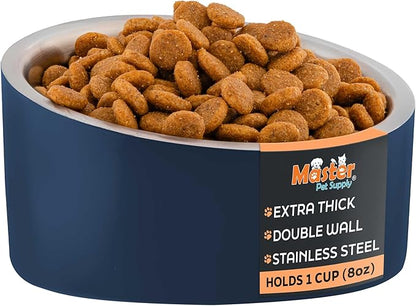 Master Pet Supply Stainless Steel Slanted Dog Cat Food Bowl - 8 oz Heavy Duty - Navy Blue, Double Wall Insulated, Non-Slip Elevated Bowl for French Bulldogs Pugs Cats, Anti Rust Dishwasher Safe