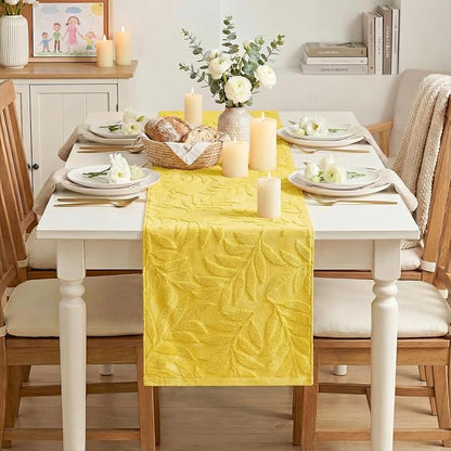 Artoid Mode Yellow Soft 3D Jacquard Leaves 100%Cotton Spring Table Runner - Image 2