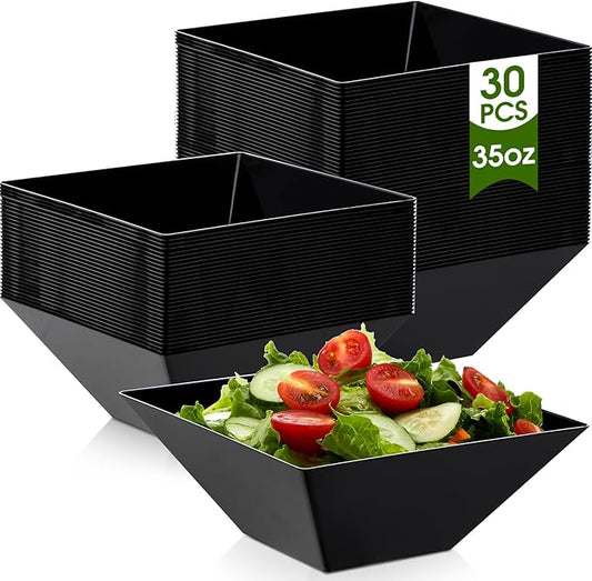 Tioncy 30 Pcs Square Plastic Serving Bowls, Medium Salad Fluted Plastic 35 oz Disposable Serving Bowls Containers for Parties, Snack, Buffet, Chips(Black,Classic)