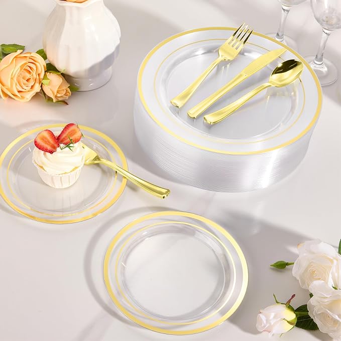 600 Pieces Clear Gold Plates for 100 Guests | Include: Dinnerware Set of 100 - Image 5
