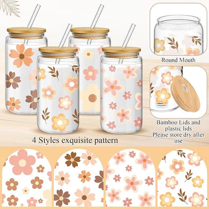 Mumufy 4 Pack Wildflower Glass Cups Gift Aesthetic Cute Glass Cup Tumbler - Image 3